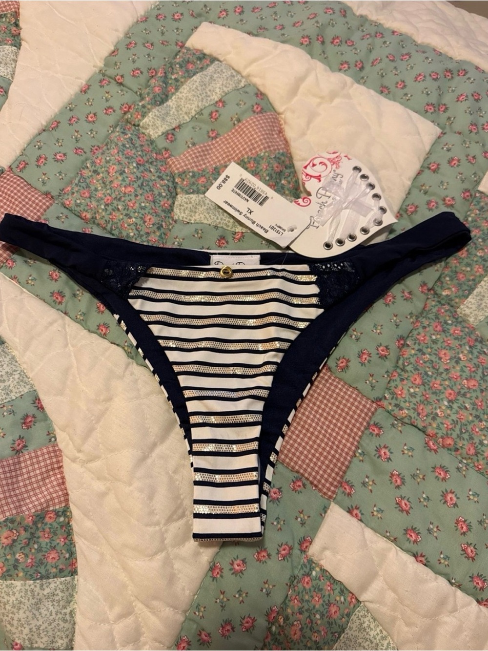 Beach Bunny Navy and White Striped Bikini Bottom